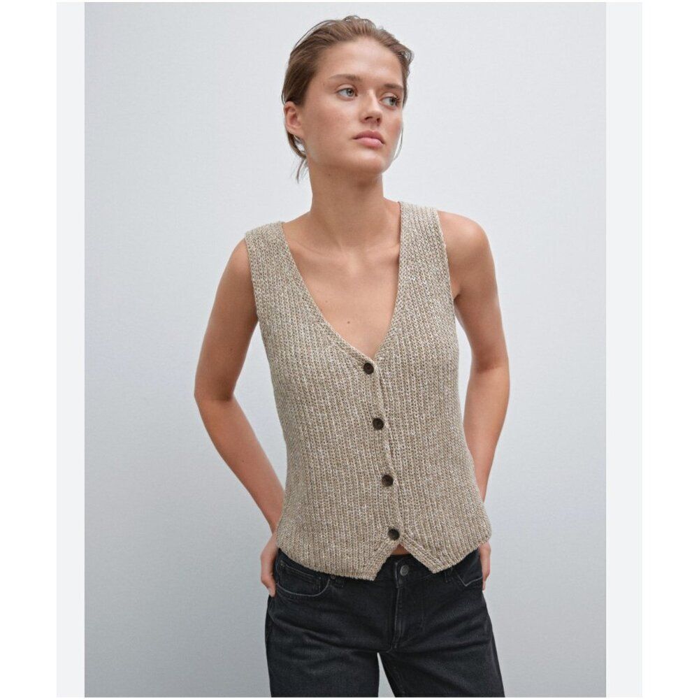Massimo Dutti Womens Sweater Vest Small S Taupe Chunky Knit V-Neck 5776/669 NWT